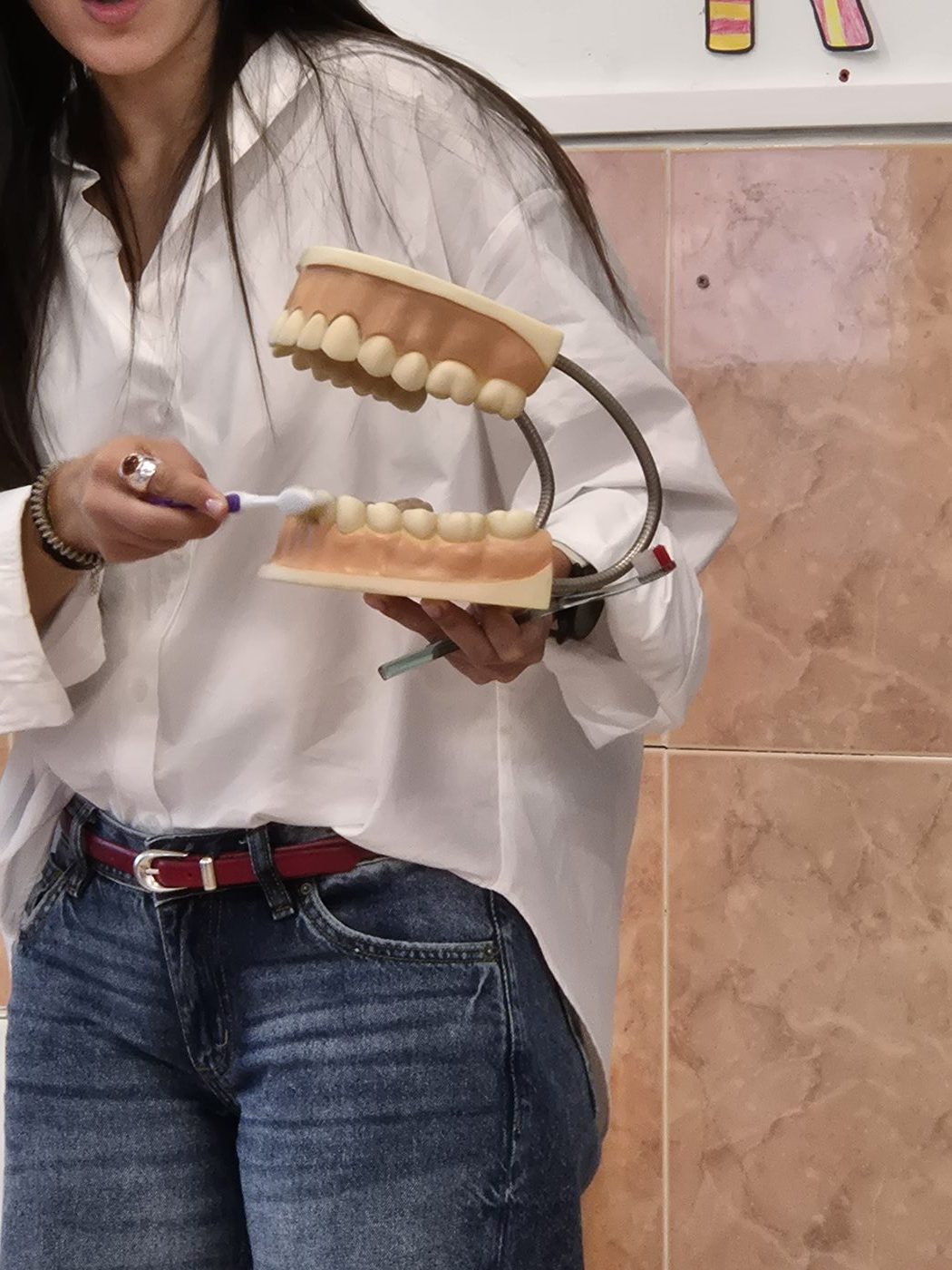 Profesional de la clínica con un modelo grande de dentadura y un cepillo en la Escuela Manent