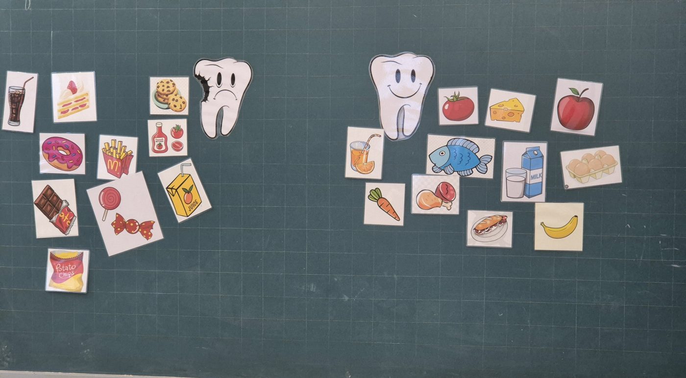 Pizarra con dibujos de fruta, verdura, chuches y bebidas junto a un diente